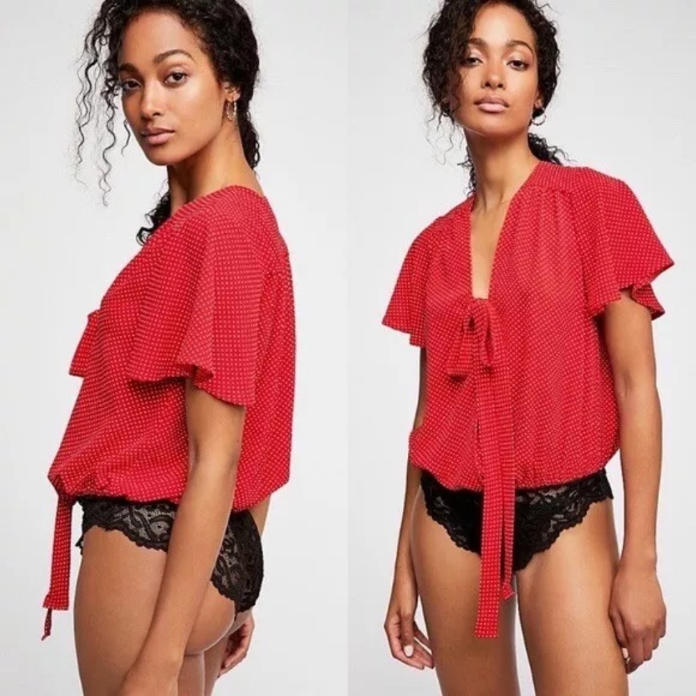 Free People - Uptown Girl Polka Dot and Lace Bodysuit - Size XS